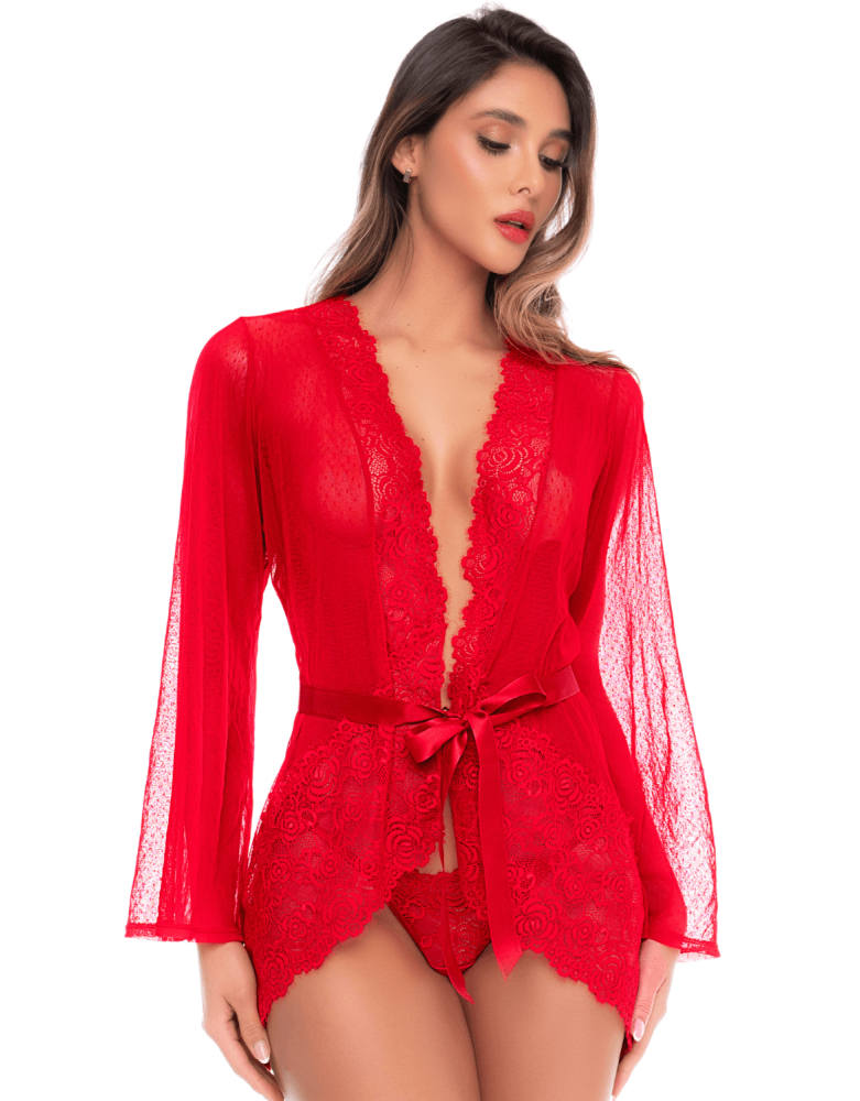 Peignoir transparent rouge en résille plumetis et dentelle avec string - Mapalé
