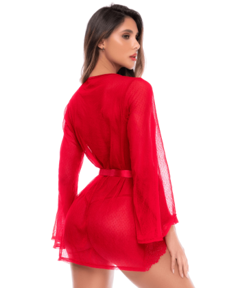Peignoir transparent rouge en résille plumetis et dentelle avec string - Mapalé