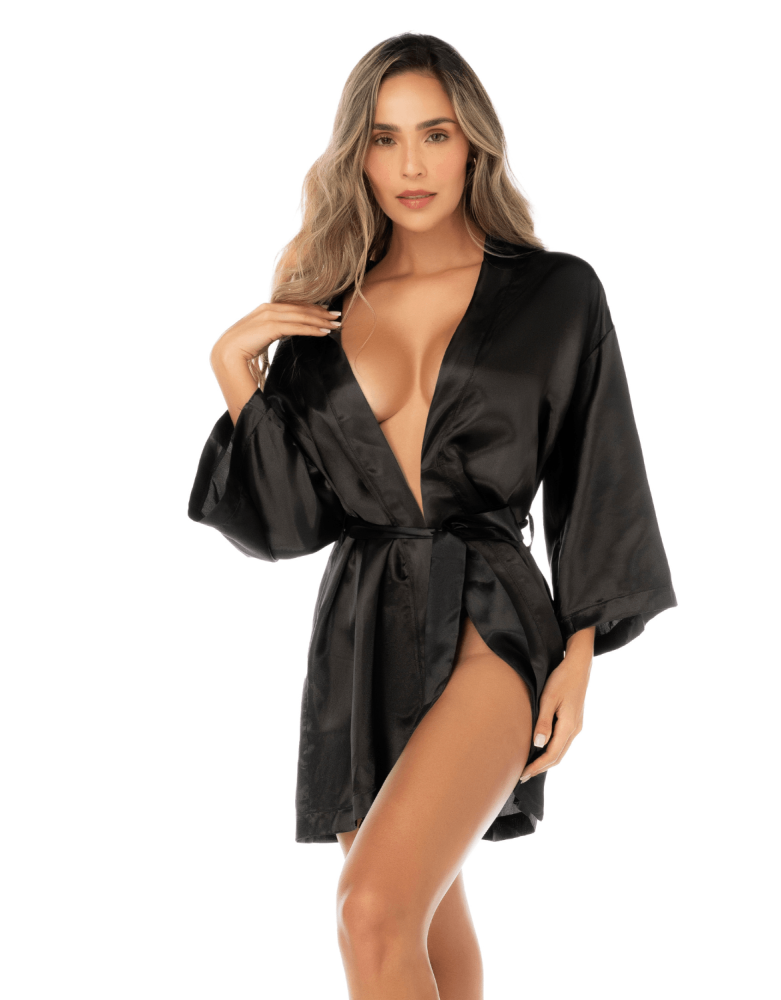 Peignoir court satiné noir avec ceinture à nouer - Mapalé
