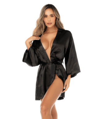 Peignoir court satiné noir avec ceinture à nouer - Mapalé