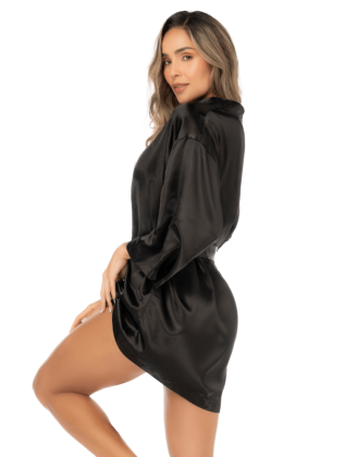 Peignoir court satiné noir avec ceinture à nouer - Mapalé