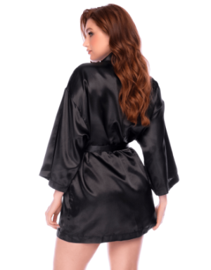 Peignoir court satiné noir avec ceinture à nouer - Mapalé