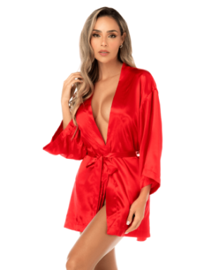 Peignoir court satiné rouge avec ceinture à nouer - Mapalé