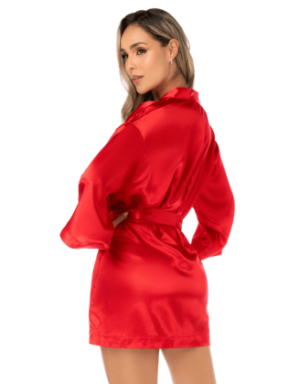 Peignoir court satiné rouge avec ceinture à nouer - Mapalé
