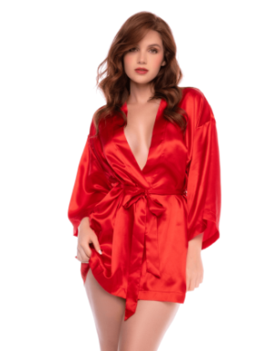 Peignoir court satiné rouge avec ceinture à nouer - Mapalé