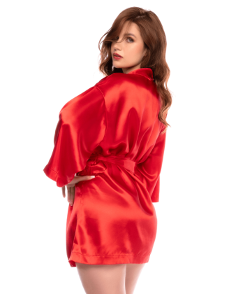 Peignoir court satiné rouge avec ceinture à nouer - Mapalé