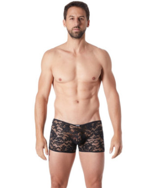 Boxer noir en fine dentelle avec légère transparence