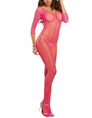 Bodystocking rose fluo résille ouvert à l'entre-jambes
