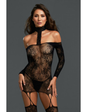 Bodystocking résille guêpière réversible avec tour de cou