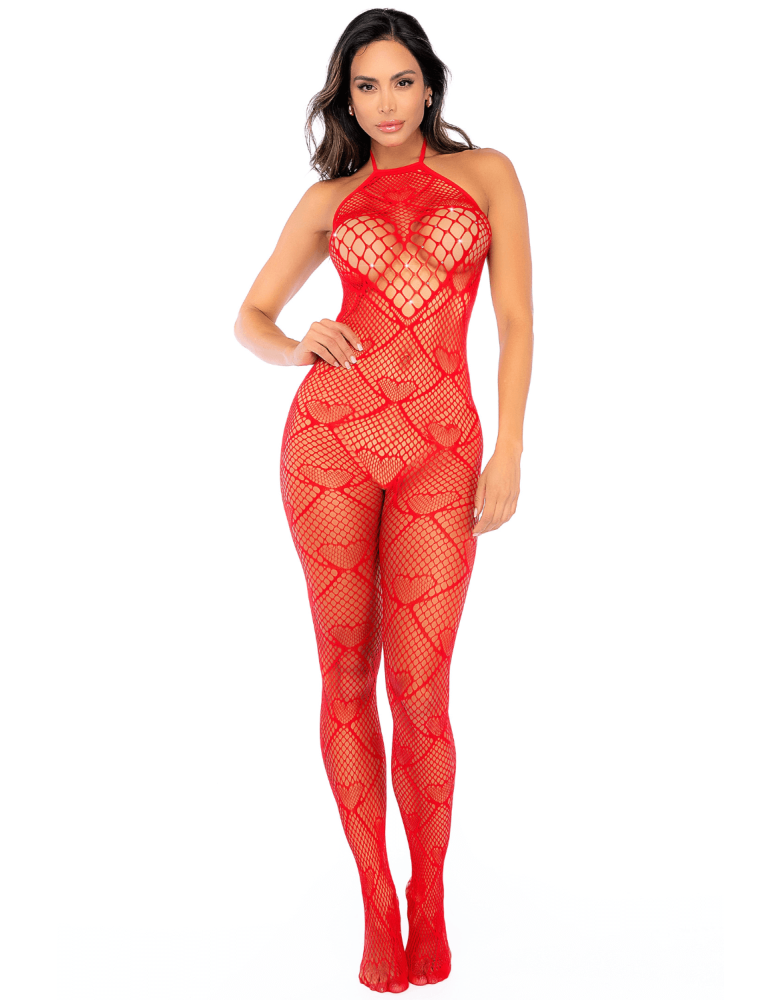 Bodystocking en résille rouge à motif cœur, orné de strass, ouvert à l’entrejambe - Mapalé