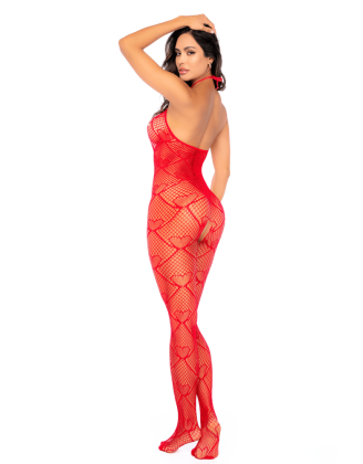 Bodystocking en résille rouge à motif cœur, orné de strass, ouvert à l’entrejambe - Mapalé