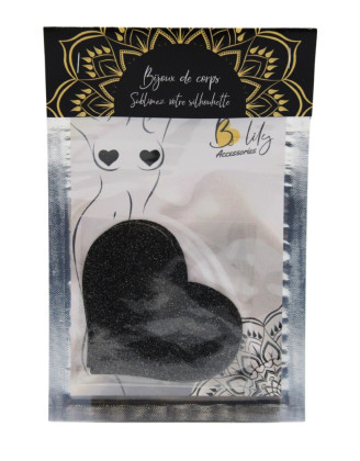 Paire de cache tétons adhésifs coeur pailleté noir