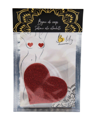 Paire de cache tétons adhésifs coeur pailleté rouge