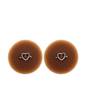 Paire de cache-tétons piercing barre coeur faux diamant peau foncée