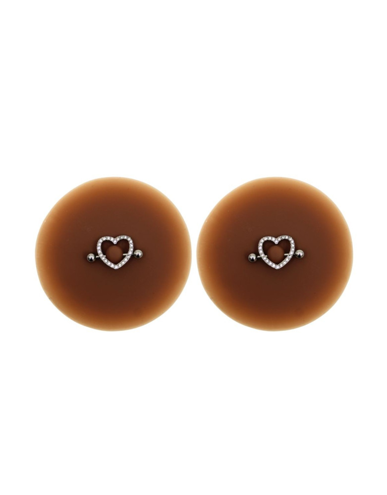 Paire de cache-tétons piercing barre coeur faux diamant peau foncée