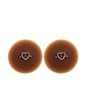 Paire de cache-tétons piercing barre coeur faux diamant peau foncée