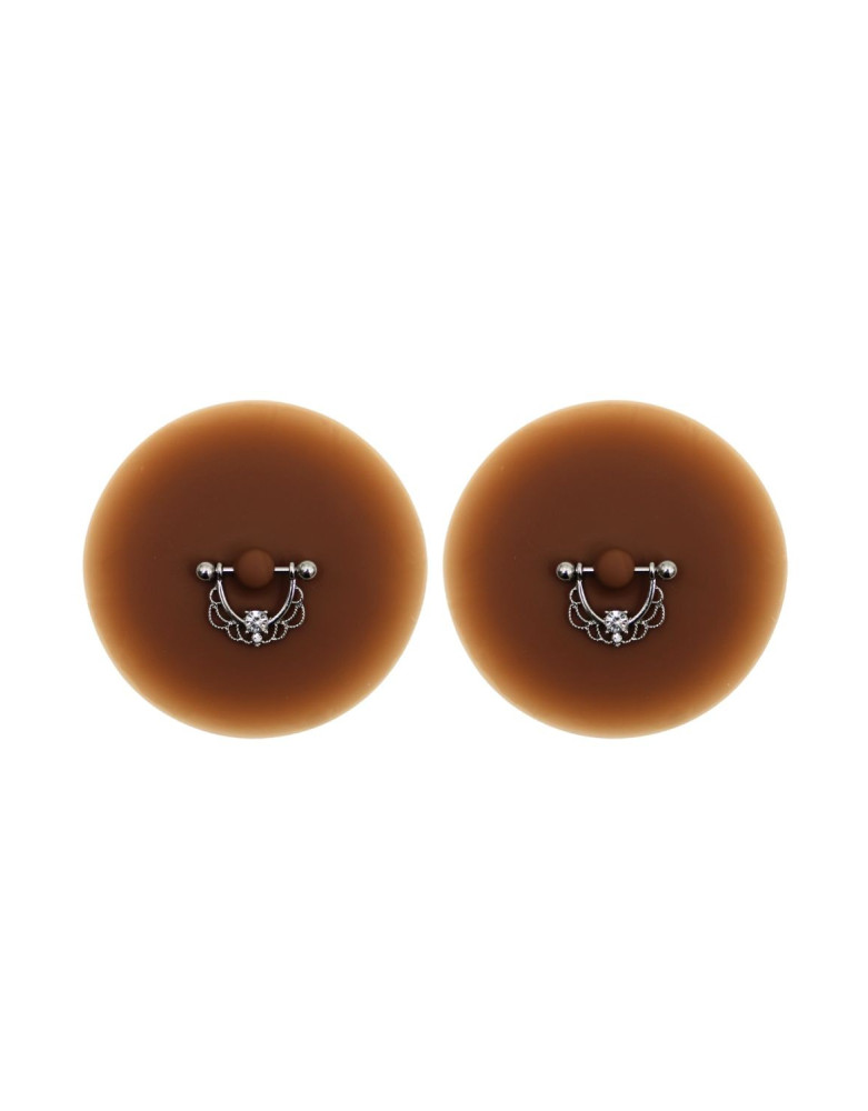 Paire de cache-tétons piercing barre demi-anneau faux diamant peau foncée