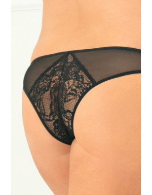 Tanga ouvert noir grande taille avec pièces dentelle sur les fesses