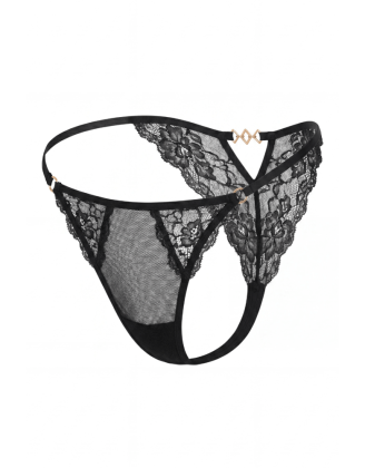 Tanga noir en dentelle avec bijou losanges dorés