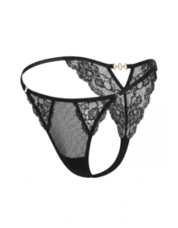 Tanga noir en dentelle avec bijou losanges dorés