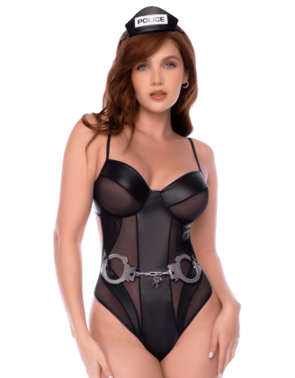 Body policier en résille transparente et wetlook avec détails métalliques - Mapalé
