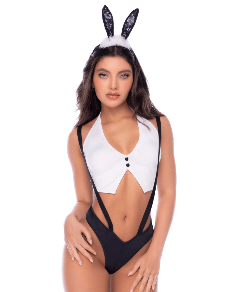 Déguisement lapine sexy 3 pièces avec oreilles, top court et culotte à bretelles - Mapalé