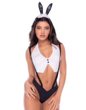 Déguisement lapine sexy 3 pièces avec oreilles, top court et culotte à bretelles - Mapalé