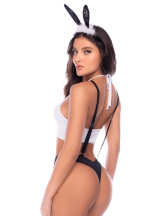 Déguisement lapine sexy 3 pièces avec oreilles, top court et culotte à bretelles - Mapalé