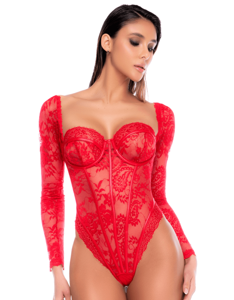 Body rouge à manches longues en dentelle avec armatures - Mapalé
