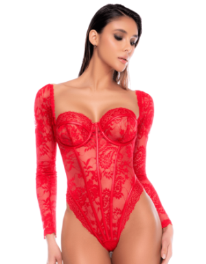 Body rouge à manches longues en dentelle avec armatures - Mapalé