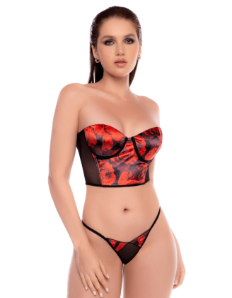 Ensemble 2 pièces noir et rouge avec corset sans bretelles imprimé et string - Mapalé
