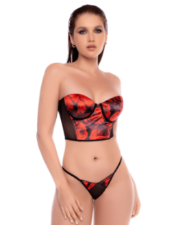 Ensemble 2 pièces noir et rouge avec corset sans bretelles imprimé et string - Mapalé
