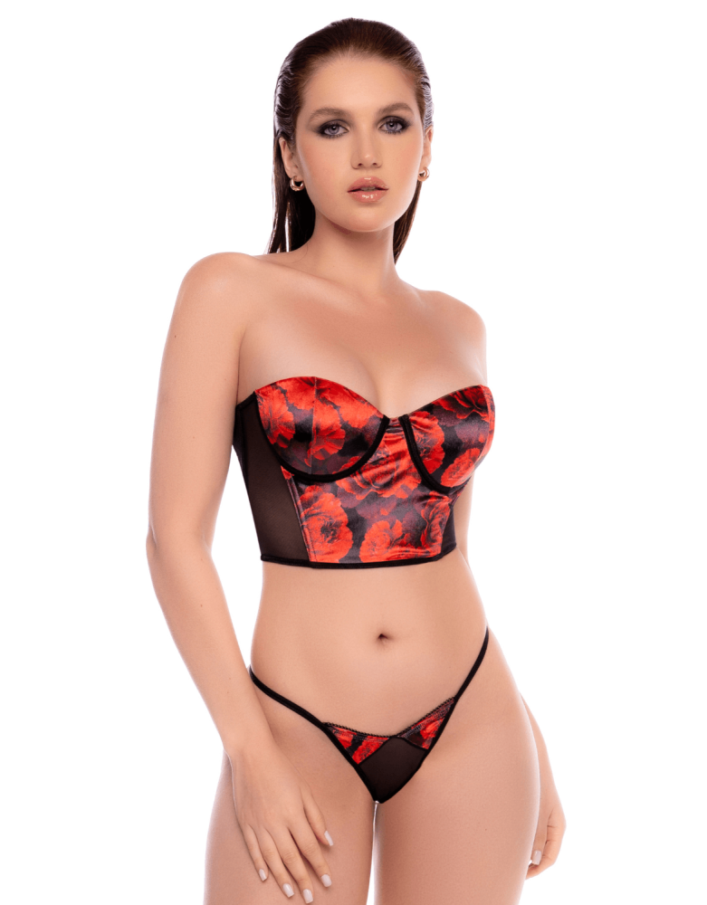 Ensemble 2 pièces noir et rouge avec corset sans bretelles imprimé et string - Mapalé
