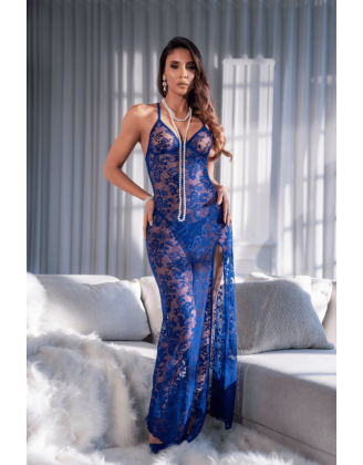 Robe longue transparente bleu royal en dentelle avec dos croisé et fente haute - Mapalé