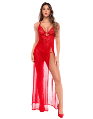 Robe longue transparente rouge en dentelle et résille avec string - Mapalé