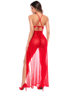 Robe longue transparente rouge en dentelle et résille avec string - Mapalé