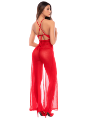 Robe longue transparente rouge en dentelle et résille avec string - Mapalé