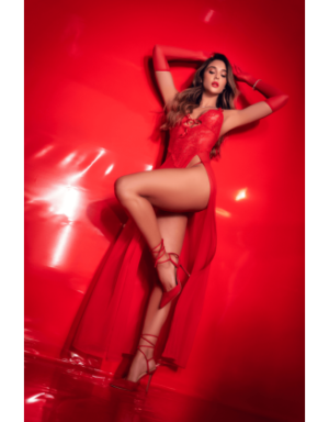Robe longue transparente rouge en dentelle et résille avec string - Mapalé