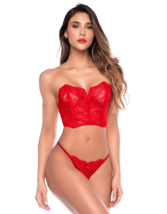 Ensemble 2 pièces bustier en dentelle rouge et string - Mapalé