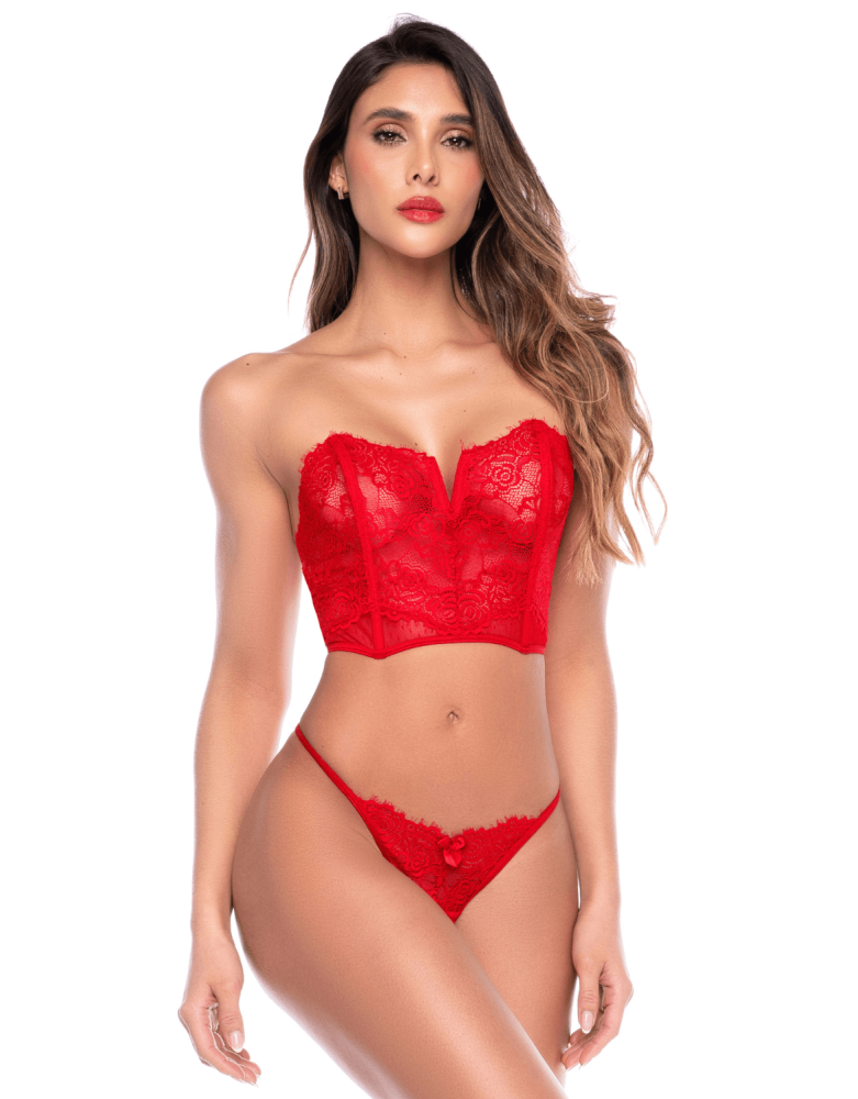 Ensemble 2 pièces bustier en dentelle rouge et string - Mapalé