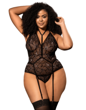 Body grande taille noir en dentelle florale avec harnais amovible - Mapalé