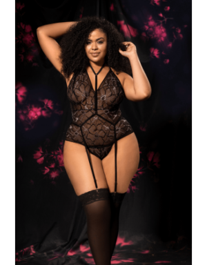 Body grande taille noir en dentelle florale avec harnais amovible - Mapalé
