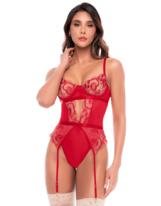 Body rouge rubis en dentelle brodée à armatures et jarretelles - Mapalé