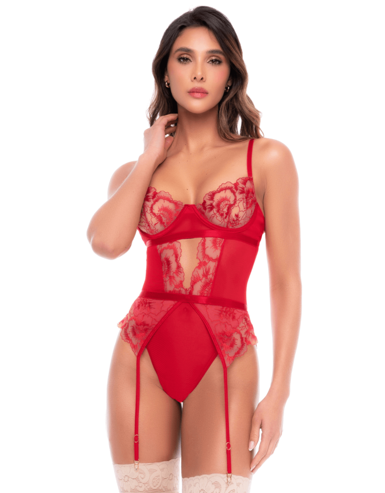 Body rouge rubis en dentelle brodée à armatures et jarretelles - Mapalé