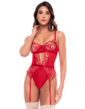 Body rouge rubis en dentelle brodée à armatures et jarretelles - Mapalé