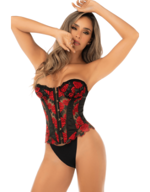 Corset bustier sans bretelles brodé noir et rouge avec laçage dos - Mapalé