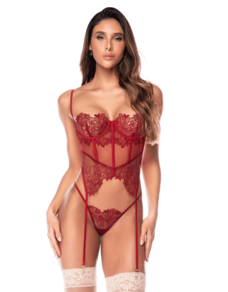 Ensemble 2 pièces avec bustier en dentelle brodée bois de rose, jarretelles et string - Mapalé