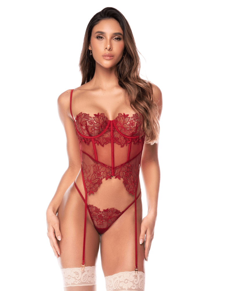 Ensemble 2 pièces avec bustier en dentelle brodée bois de rose, jarretelles et string - Mapalé