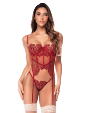 Ensemble 2 pièces avec bustier en dentelle brodée bois de rose, jarretelles et string - Mapalé