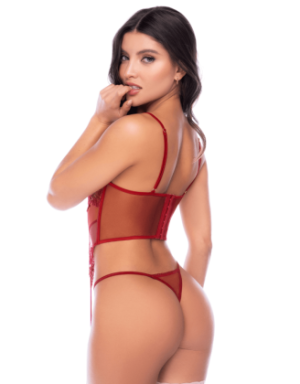 Ensemble 2 pièces avec bustier en dentelle brodée bois de rose, jarretelles et string - Mapalé